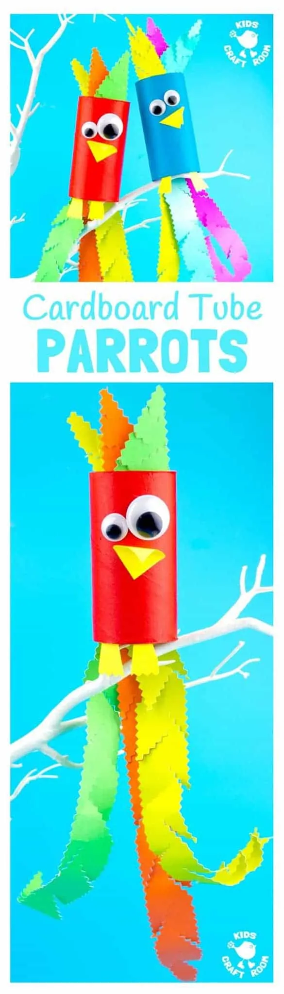 CARDBOARD TUBE PARROT CRAFT - Squawk! What a fun jungle craft for kids.  A colourful tropical bird craft that gives lots of fine motor scissor skills practice. #parrot #parrots #parrotcrafts #jungle #junglecrafts #jungleanimals #kidscrafts #cardboardtubes #tprolls #cardboardtubecrafts #birdcrafts #animalcrafts #craftsforkids #kidscraftroom