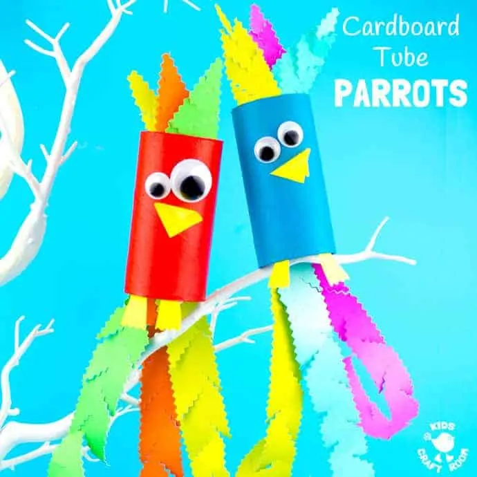 CARDBOARD TUBE PARROT CRAFT - Squawk! What a fun jungle craft for kids.  A colourful tropical bird craft that gives lots of fine motor scissor skills practice. 
