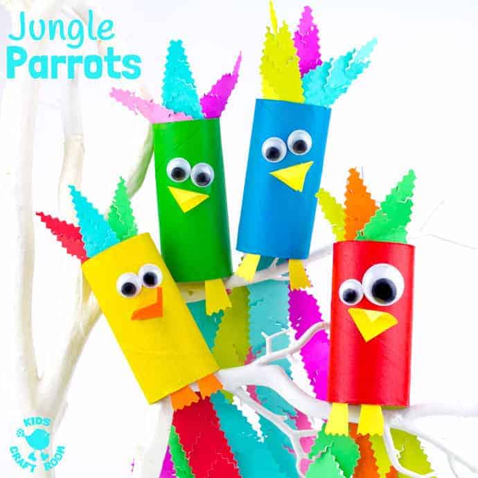 CARDBOARD TUBE PARROT CRAFT - Squawk! What a fun jungle craft for kids.  A colourful tropical bird craft that gives lots of fine motor scissor skills practice. 