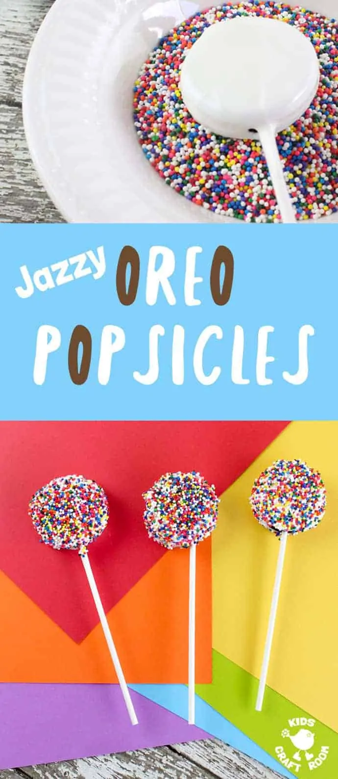 JAZZY OREO POPSICLES are FUN! A perfect recipe for cooking with kids. Sweet, decadent, easy to make and great for sharing with friends, JAZZY OREO POPS are delicious for play dates, parties and picnics. #cookingwithkids #kidsrecipes #oreos #oreorecipes #popsicles #homemadepopsicles #popsiclerecipes #kidsinthekitchen #desserts #homemadetreats #kidscraftroom
