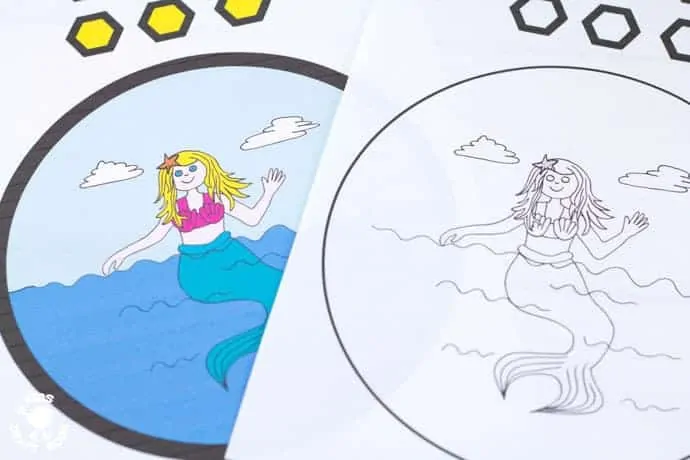 Free Pirate and Mermaid Scene Printables - PAPER PLATE PORTHOLE CRAFT - a fantastic ocean craft for kids that love pirates and mermaids. This interactive moving paper plate craft is so fun! Wiggle the handle to make the ocean scene bob up and down like real waves! An exciting Summer craft for kids. (Free black & white and full colour printables available.)