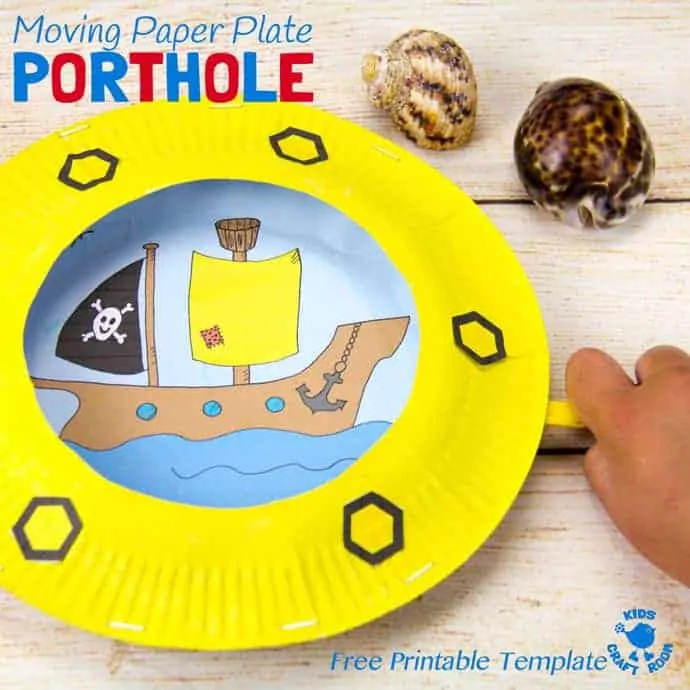 PAPER PLATE PORTHOLE CRAFT - a fantastic ocean craft for kids that love pirates and mermaids. This interactive moving paper plate craft is so fun! Wiggle the handle to make the ocean scene bob up and down like real waves! An exciting Summer craft for kids. (Free black & white and full colour printables available.)