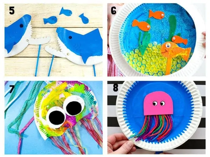 PAPER PLATE OCEAN CRAFTS 5-8. Here are 20 awesome sea themed Summer crafts for kids. From swimming jellyfish to chomping sharks and nipping crabs you'll have lots of fun with these beach crafts.
