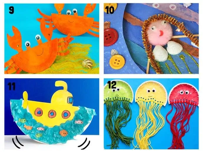 PAPER PLATE OCEAN CRAFTS 9-12. Here are 20 awesome sea themed Summer crafts for kids. From swimming jellyfish to chomping sharks and nipping crabs you'll have lots of fun with these beach crafts.