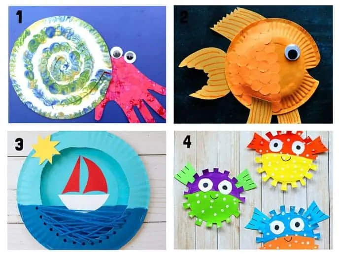 PAPER PLATE OCEAN CRAFTS 1-4. Here are 20 awesome sea themed Summer crafts for kids. From swimming jellyfish to chomping sharks and nipping crabs you'll have lots of fun with these beach crafts.