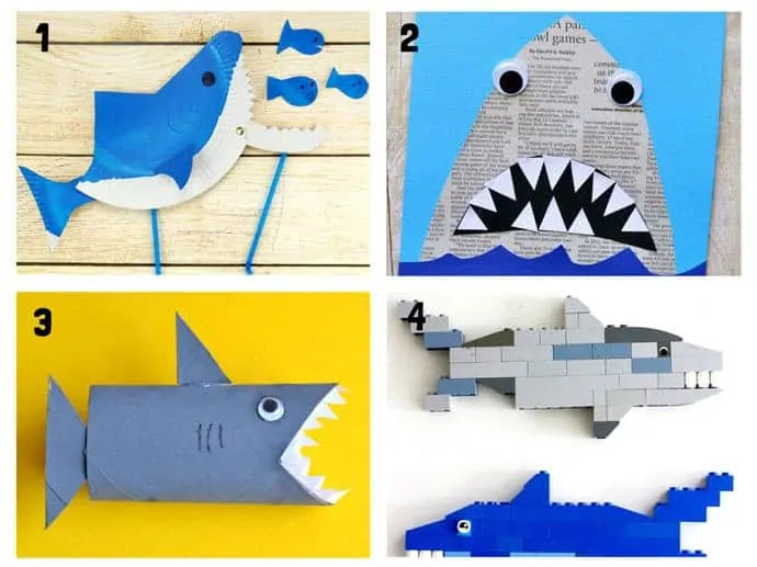 SHARK CRAFTS 1-4 from 20+ Fun Shark Crafts, shark art and shark activity ideas to keep kids creating all Summer. Fantastic shark week crafts for shark fans.