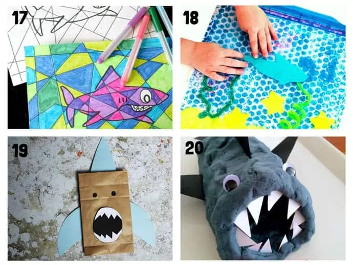 SHARK CRAFTS 17-20 from 20+ Fun Shark Crafts, shark art and shark activity ideas to keep kids creating all Summer. Fantastic shark week crafts for shark fans.