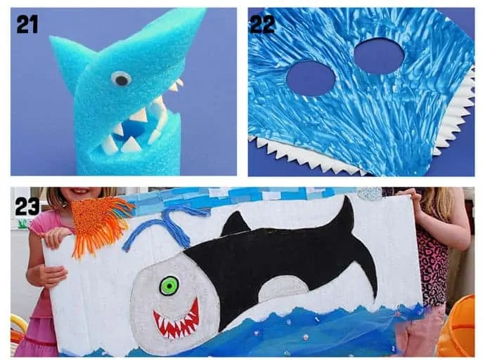 SHARK CRAFTS 21-23 from 20+ Fun Shark Crafts, shark art and shark activity ideas to keep kids creating all Summer. Fantastic shark week crafts for shark fans.