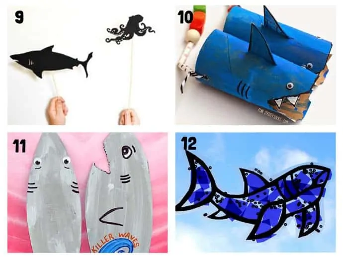 SHARK CRAFTS 9-12 from 20+ Fun Shark Crafts, shark art and shark activity ideas to keep kids creating all Summer. Fantastic shark week crafts for shark fans.