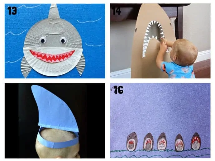 SHARK CRAFTS 13-16 from 20+ Fun Shark Crafts, shark art and shark activity ideas to keep kids creating all Summer. Fantastic shark week crafts for shark fans.