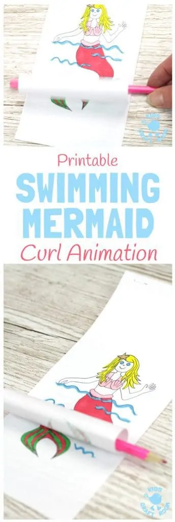 SWIMMING MERMAID CRAFT -PRINTABLE CURL ANIMATION. Print and colour the mermaid to make her wave and swish her tail! A fun interactive activity that introduces kids to the simple curl animation technique. #summercrafts #springcrafts #beachcrafts #mermaids #mermaidcrafts #animation #papercrafts #kidscrafts #craftsforkids #kidsactivities #kidscraftroom #printable #freeprintable #printables