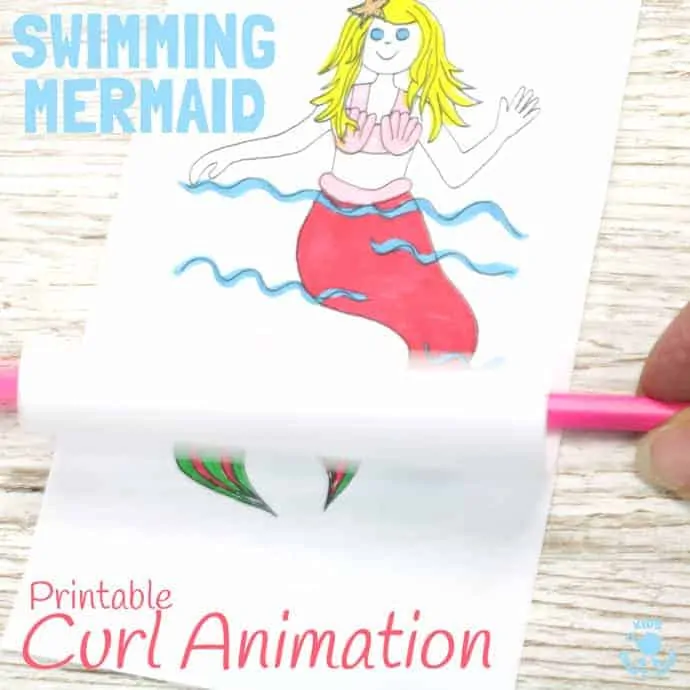 SWIMMING MERMAID CRAFT -PRINTABLE CURL ANIMATION. Easier than flip books kids can colour the mermaid and make her wave her hand and swish her tail in minutes! This interactive Swimming Mermaid activity is lots of fun and introduces kids to the simple curl animation technique which tricks the eye into seeing 2 similar images as moving. Once kids see how the mermaid is made to swim they'll be set to have a go at drawing their own too. The sky's the limit!