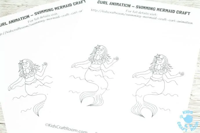 SWIMMING MERMAID CRAFT -PRINTABLE CURL ANIMATION step 1. Easier than flip books kids can colour the mermaid and make her wave her hand and swish her tail in minutes! This interactive Swimming Mermaid activity is lots of fun and introduces kids to the simple curl animation technique which tricks the eye into seeing 2 similar images as moving. Once kids see how the mermaid is made to swim they'll be set to have a go at drawing their own too. The sky's the limit!