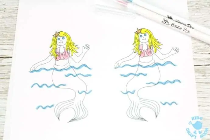 SWIMMING MERMAID CRAFT -PRINTABLE CURL ANIMATION step 2. Easier than flip books kids can colour the mermaid and make her wave her hand and swish her tail in minutes! This interactive Swimming Mermaid activity is lots of fun and introduces kids to the simple curl animation technique which tricks the eye into seeing 2 similar images as moving. Once kids see how the mermaid is made to swim they'll be set to have a go at drawing their own too. The sky's the limit!
