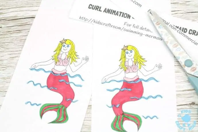 SWIMMING MERMAID CRAFT -PRINTABLE CURL ANIMATION step 3. Easier than flip books kids can colour the mermaid and make her wave her hand and swish her tail in minutes! This interactive Swimming Mermaid activity is lots of fun and introduces kids to the simple curl animation technique which tricks the eye into seeing 2 similar images as moving. Once kids see how the mermaid is made to swim they'll be set to have a go at drawing their own too. The sky's the limit!