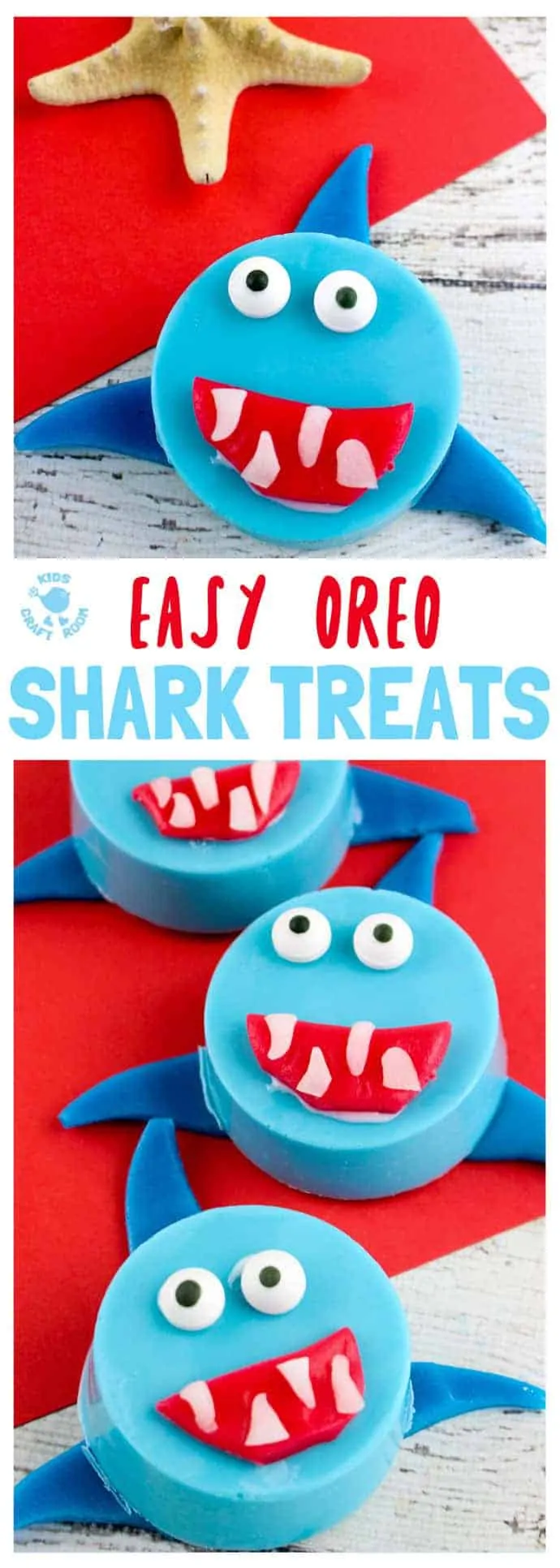 OREO SHARK TREATS are great for cooking with kids. A fin-tastic Summer activity perfect for shark week and ocean themes. Shark Cookies taste delicious and look adorable! #cookingwithkids #kidsrecipes #kidsinthekitchen #desserts #oreos #cookies #biscuits #sharks #kidscraftroom #sharkweek #sharkactivities