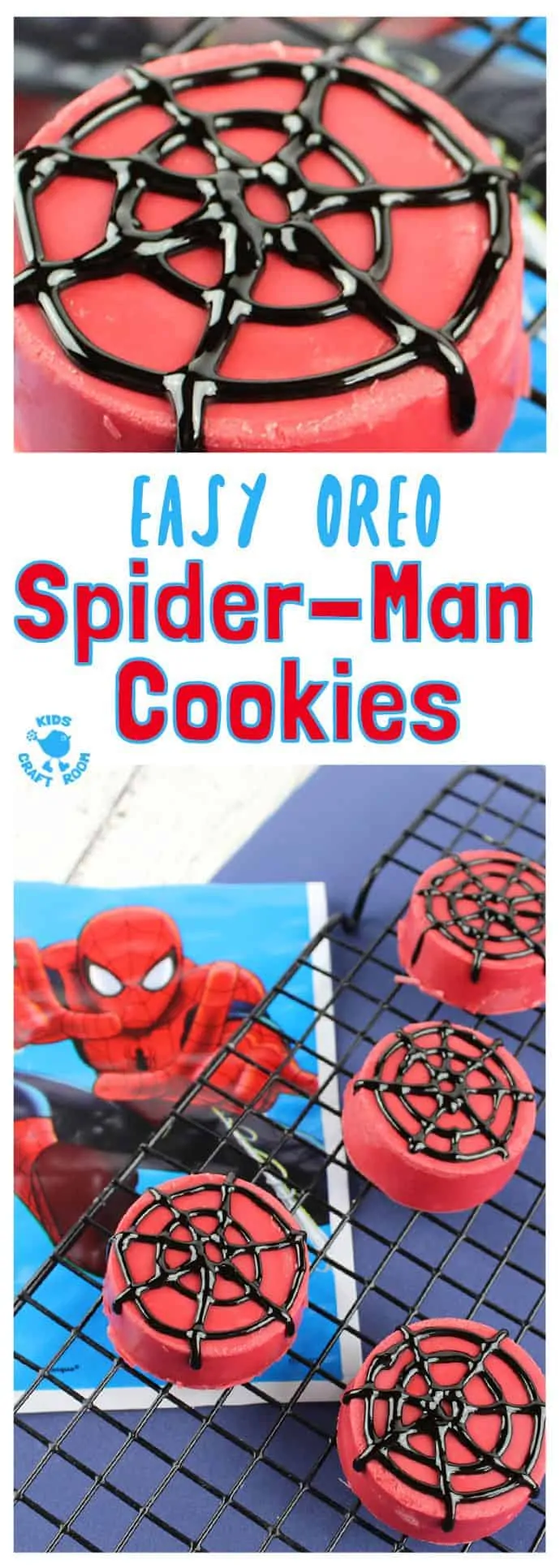 OREO SPIDER-MAN COOKIES - Great for cooking with kids. They look awesome, taste delicious and are super easy to make. A Spider-Man recipe great for Spider-Man parties and movie nights. A fun spider activity for Spider-Man fans big and small.#cookingwithkids #kidsrecipes #kidsinthekitchen #desserts #oreos #cookies #biscuits #spiderman #kidscraftroom