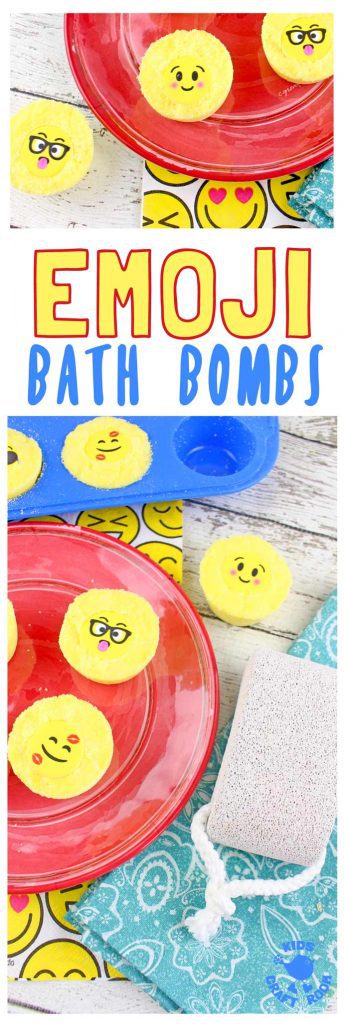 Emoji Bath Bombs make bath time fun! Homemade bath bombs are easy to make and bring a smile and a giggle to bath time. They're great as homemade gifts for kids to make too! #emoji #bathbombs #kidscrafts #homemadegifts #bathtime #kidsactivities #soap #homemadesoap #craftsforkids #kidscraftroom #diybathbombs