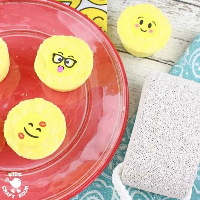Emoji Bath Bombs make bath time fun! Homemade bath bombs are easy to make and bring a smile and a giggle to bath time. They're great as homemade gifts for kids to make too!