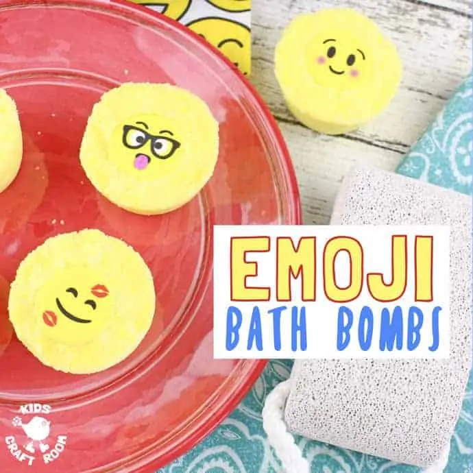 Emoji Bath Bombs make bath time fun! Homemade bath bombs are easy to make and bring a smile and a giggle to bath time. They're great as homemade gifts for kids to make too!