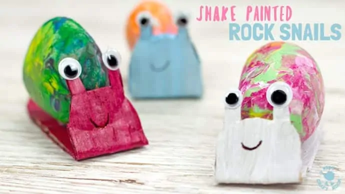SHAKE PAINTING - CUTE SNAIL ROCK CRAFT- This rock painting idea gets kids active and is virtually mess free! With this cute Snail Craft kids shake out their wiggles and fidgets and create beautifully painted rocks that make perfect snail shells! Grab your rocks, your kids and your wiggles and let's get making cute snails. It is so much fun and each one is unique!