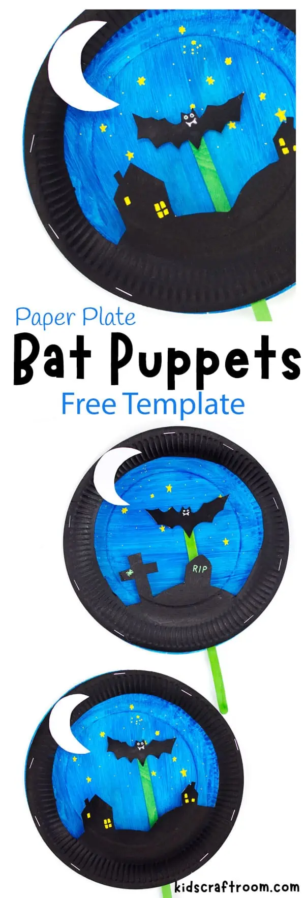 A collage showing 3 paper plate bat puppets, overlaid with descriptive text.