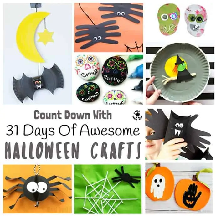 A collage of lots of different Halloween crafts for kids.