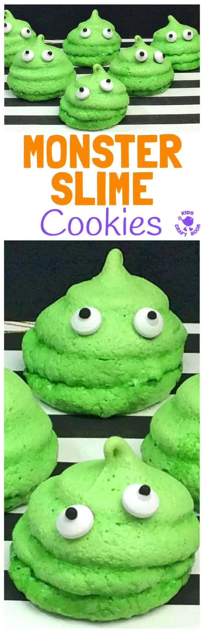 A collage of monster slime cookies from different angles.