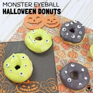 CREEPY MONSTER EYEBALL HALLOWEEN DONUTS - Halloween treats great for cooking with kids. This Halloween recipe is creepy and delicious in one mouthful. Yummy! #HalloweenTreats #HalloweenRecipe
