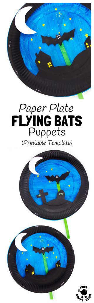 PAPER PLATE BAT PUPPETS - This fun bat craft has a bat puppet for kids to fly in a paper plate theatre back drop! A great bat puppet craft to inspire imaginative play and story telling. With two printable templates to choose from this makes a super Halloween craft or for all year round bat fun. #PaperPlateCraft #HalloweenCraft