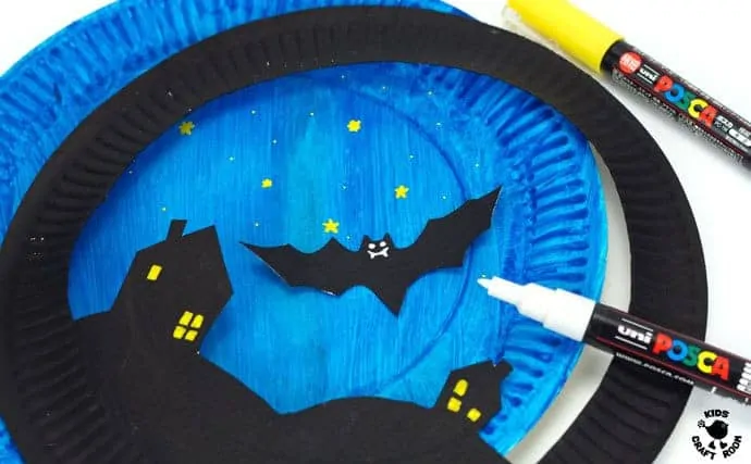 Paper Plate Flying Bat Puppet Craft step 6.