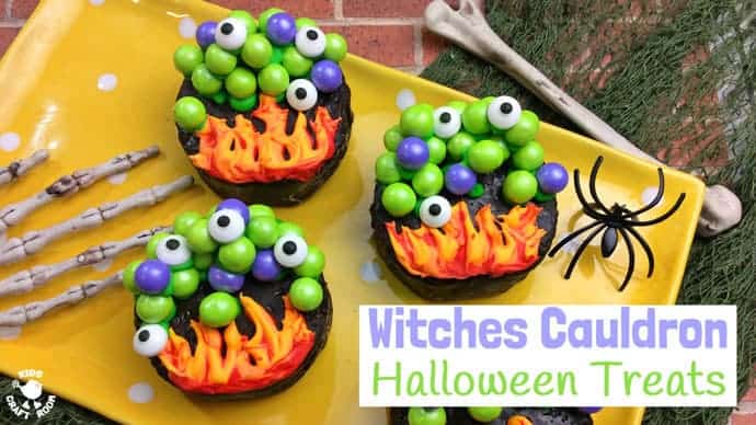 WITCHES CAULDRON HALLOWEEN TREATS will cast a delicious spell at your Halloween party! A tasty Halloween food and craft fusion everyone will like to make, eat and share. Cauldrons filled with bubbling witches potion and topped up with eyes of frog are fun spooky treats that will bewitch the whole family!