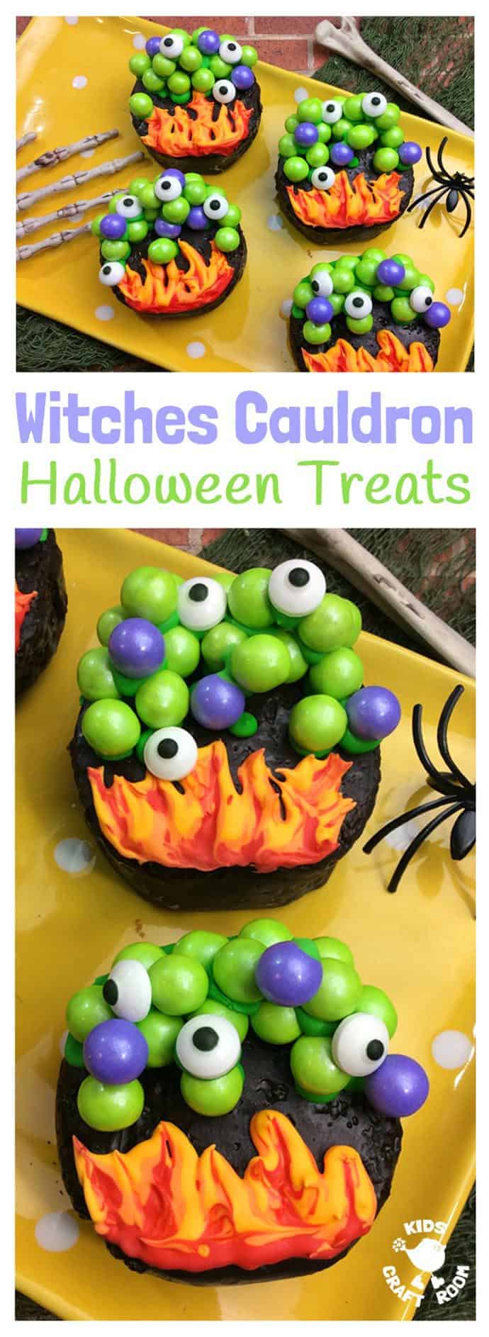 WITCHES CAULDRON HALLOWEEN TREATS will cast a delicious spell at your Halloween party! A tasty Halloween food and craft fusion everyone will like to make, eat and share. Cauldrons filled with bubbling witches potion and topped up with eyes of frog are fun spooky treats that will bewitch the whole family!
