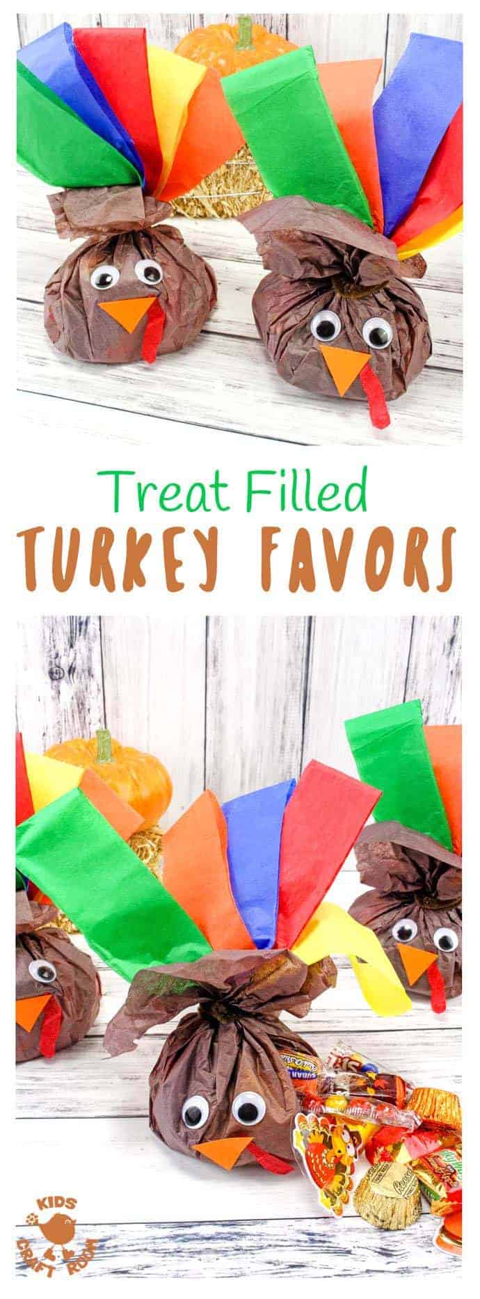 CANDY-FILLED TURKEY FAVORS - stuff this cute turkey craft with everyone's favorite Fall candies and they'll be gobbled up before you can say "Thanksgiving Treat"! Candy stuffed Turkey Favours are super simple and so much fun! Kids will love to make them and give them to their friends and they'll look super adorable in everyone's place setting for Thanksgiving dinner.