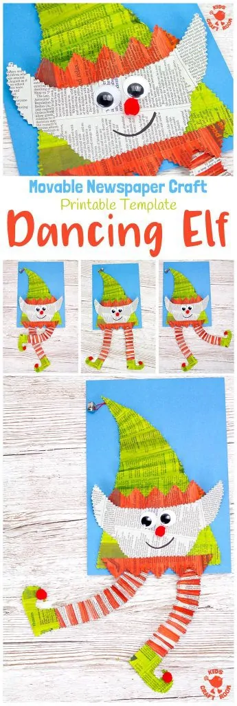 DANCING NEWSPAPER ELF CRAFT - Here's an adorable interactive Dancing Elf Craft the kids are going to love. Such a fun Christmas craft! Download the printable template and make an elf that not only looks cute but dances too! An easy and fun newspaper craft / recycled craft for the holidays.