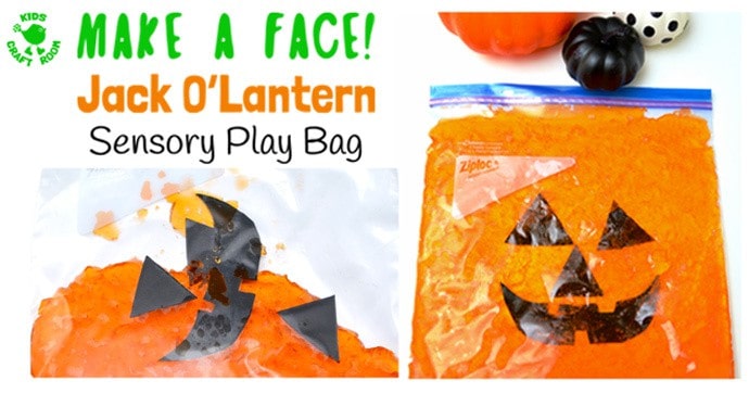 Make-A-Face Jack O'Lantern Sensory Play Bag - a fun mess free Halloween and Autumn sensory play idea kids will love. A great way to engage the senses and help kids learn and play. Squash and squish the sensory bag to move the Jack O'Lantern's face pieces around. Can you get everything in the right place? Can you make him look silly? Can you turn his face up-side-down? Sensory play ideas are such fun!