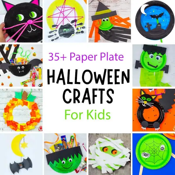 A collage showing lots of different Paper Plate Halloween Crafts. 
