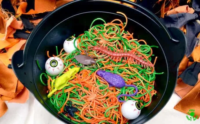 An overhead view of WITCH'S POTION HALLOWEEN SENSORY PLAY Pot.