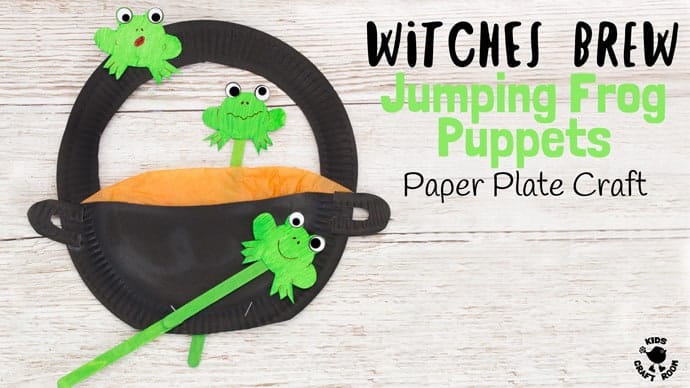 FROG PUPPETS IN A WITCH'S BREW PAPER PLATE CRAFT - a fantastic kids craft to encourage imaginative play and story telling. Play with this puppet craft and help the frogs escape from the Wicked Witch's potion! A fun Halloween craft or for Harry Potter fans all year round. (free printable template)