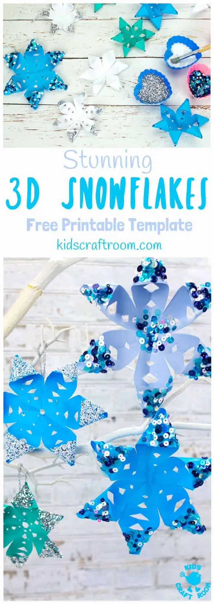 A collage showing 3d snowflakes from above and also hanging up.