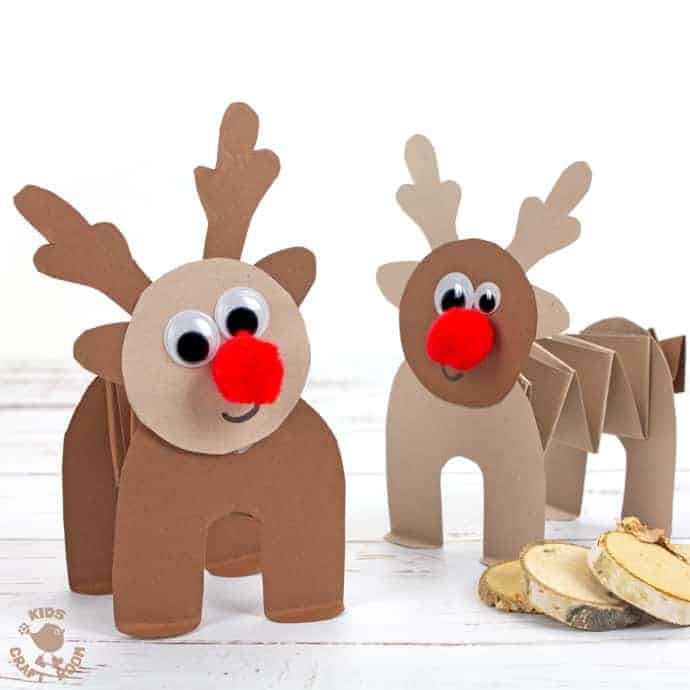 PRINTABLE ACCORDION PAPER REINDEER CRAFT - here's a super fun printable reindeer that kids can play with. This homemade paper reindeer toy has a simple but cleverly folded body that allows it to stand up and be walked along by little hands. The accordion folds work like a spring so the paper reindeer can bounce up and down on their bottoms too! Seriously so much fun and cuteness! This is a free printable reindeer craft. #reindeer #christmas #rudolf #papercrafts #printablecrafts #printables #kidscrafts #christmascrafts #reindeercrafts