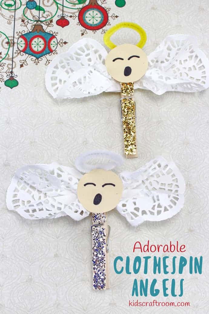 ADORABLE CLOTHESPIN ANGEL CRAFT - Looking for an easy five minute Christmas craft idea for kids? This Adorable Clothespin Angel Craft is super simple and very cute!  You can clip these homemade angels onto your Christmas tree, gift ties or around the house. This clothespin craft is fun to make and the little homemade angels are sure to delight everyone that sees them. #angel #angels #angelcraft #christmas #christmascrafts #clothespin #clothespincrafts #kidscrafts #homemadeangel #kidscraftroom #doily #doilycrafts #ornaments