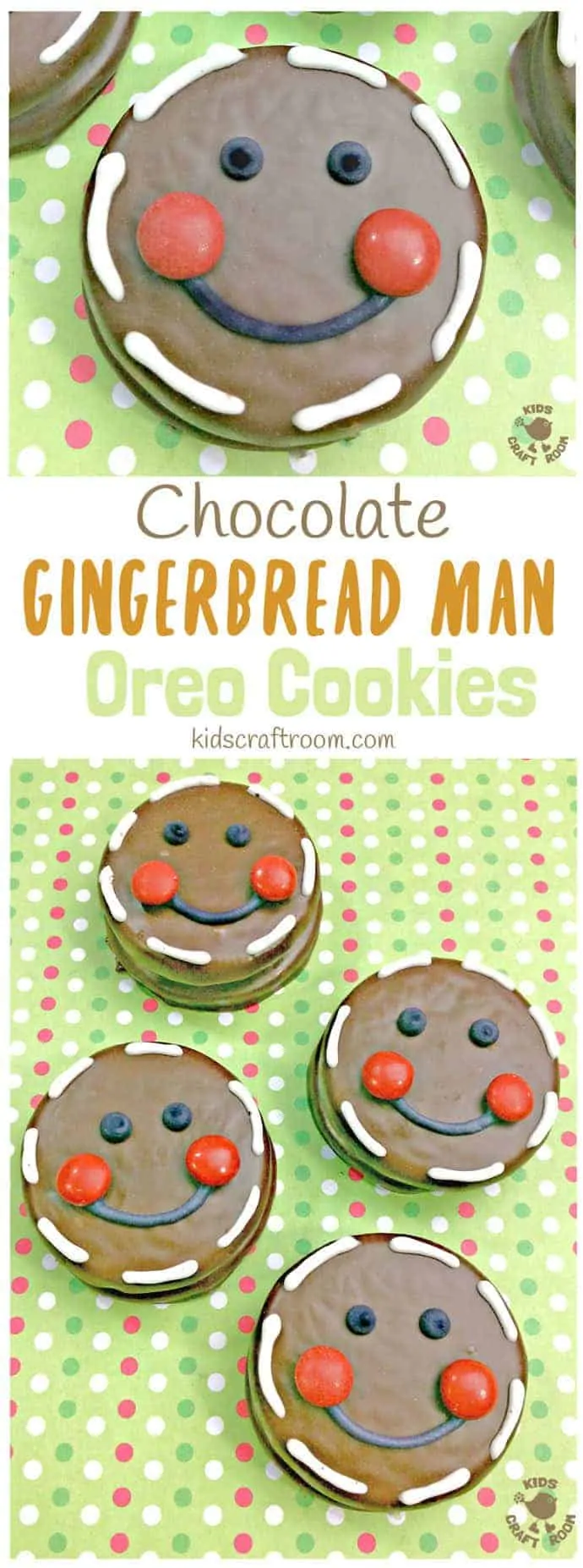 CHOCOLATE GINGERBREAD MAN OREO COOKIES - Fun Christmas treats for cooking with kids. This is an easy Christmas recipe with an Oreo base the whole family will enjoy. #christmas #christmasrecipes #cookingwithkids #kidsrecipes #oreo #gingerbreadman #gingerbread #christmastreats #christmascookies #cookies #kidscraftroom