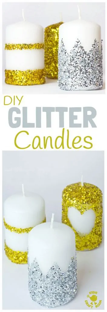 GORGEOUS DIY GLITTER CANDLES- Have you wondered how to make glitter candles? These homemade candles are easy enough for kids to make. They look so pretty and make great gifts too. Fantastic for Christmas or New Year's Eve Ornaments. #christmas #newyearseve #candles #diy #giftideas #kidscrafts #christmascrafts #newyearcrafts #homemadecandles #glitter #homemade #kidscraftroom #ornaments