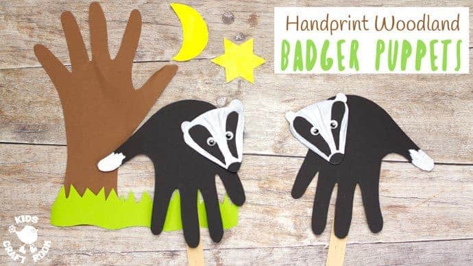 HANDPRINT BADGER PUPPETS are simple to make and a lot of fun. A handprint puppet craft to go with your favourite woodland animals story book or for imaginative play. #handprintcraft #forestcraft #woodlandcraft #puppetcraft #badger #kidscrafts #kidscraftroom #puppets