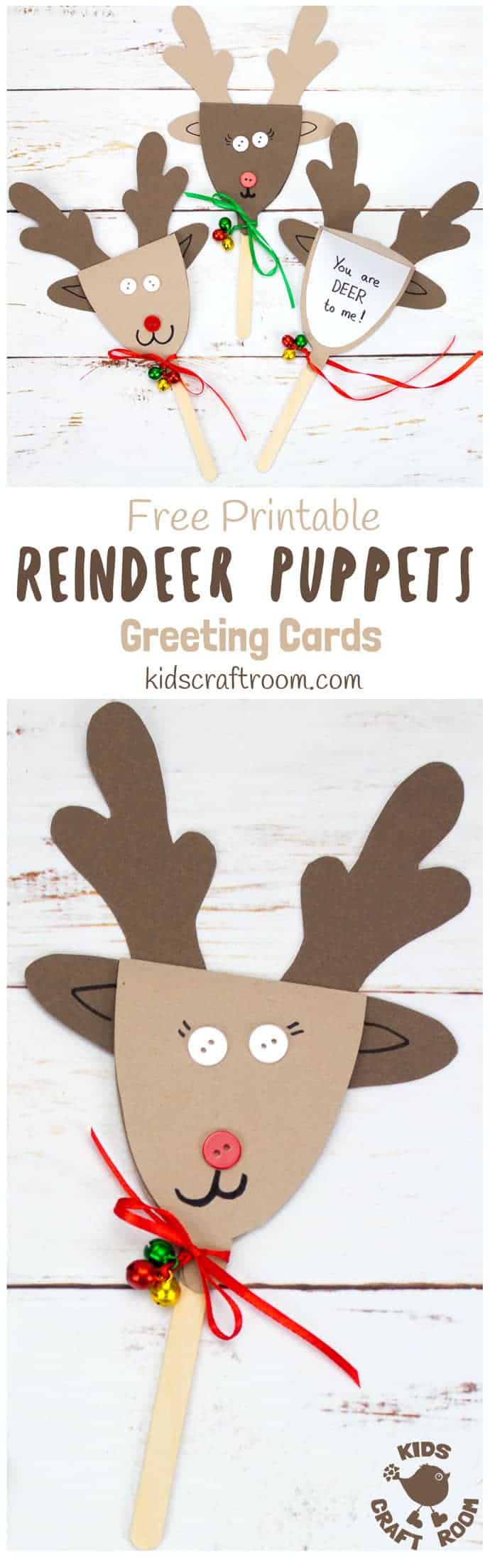 REINDEER PUPPET GREETING CARDS - These Rudolf Puppets are so fun to make and because they double up to be surprise greeting cards they are perfect for sharing some festive cheer to friends and family too. They are Christmas on a stick literally! #Christmas #Christmascrafts #Christmascraftideas #kidscrafts #reindeer #Rudolf #reindeercrafts #rudolfcrafts #puppets #puppetcrafts #chistmaspuppets #greetingcards #Christmascards #kidscraftroom