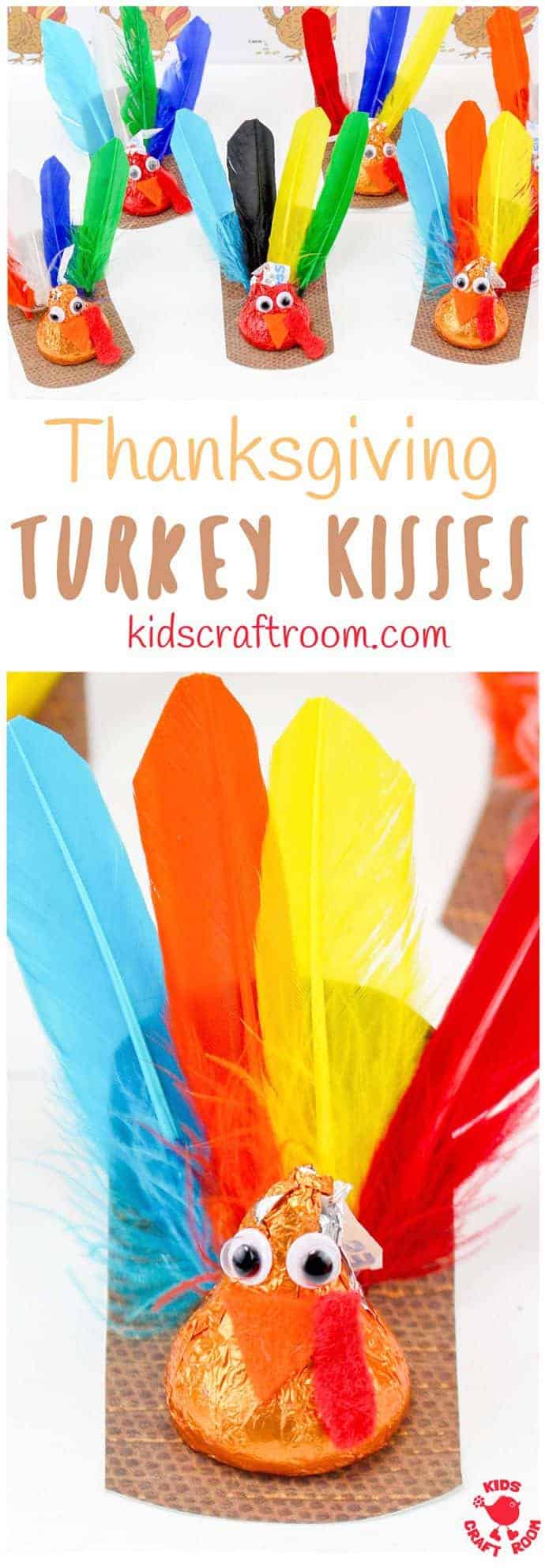 THANKSGIVING TURKEY KISSES CRAFT - This is such a fun edible Fall craft for kids. Who'd have thought you could turn chocolate into the cutest turkey craft ever! Use them as Thanksgiving favors or placeholders or just as Thanksgiving treats for friends and family Yum! #Thanksgiving #turkey #turkeycrafts #thanksgivingcrafts #kidscrafts #HersheyKisses #Fall #Fallcraft #ediblecraft #foodcraft #kidscraftroom