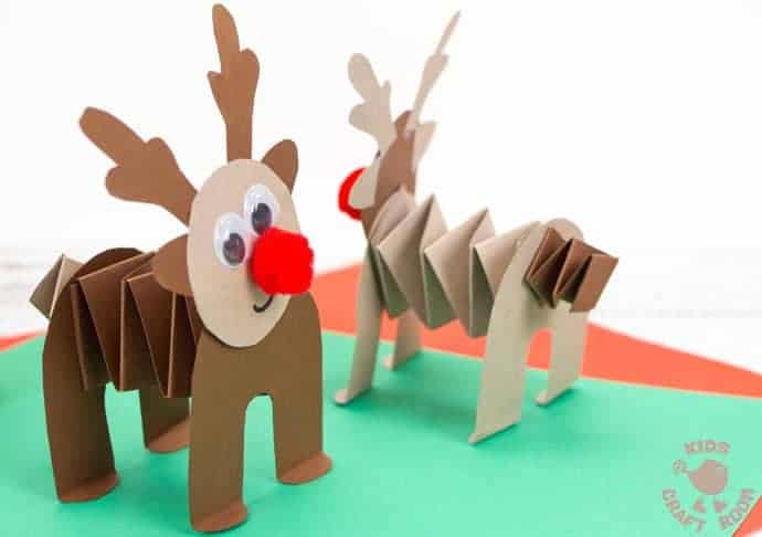 PRINTABLE ACCORDION PAPER REINDEER CRAFT - here's a super fun printable reindeer that kids can play with. This homemade paper reindeer toy has a simple but cleverly folded body that allows it to stand up and be walked along by little hands. The accordion folds work like a spring so the paper reindeer can bounce up and down on their bottoms too! Seriously so much fun and cuteness! This is a free printable reindeer craft. #reindeer #christmas #rudolf #papercrafts #printablecrafts #printables #kidscrafts #christmascrafts #reindeercrafts
