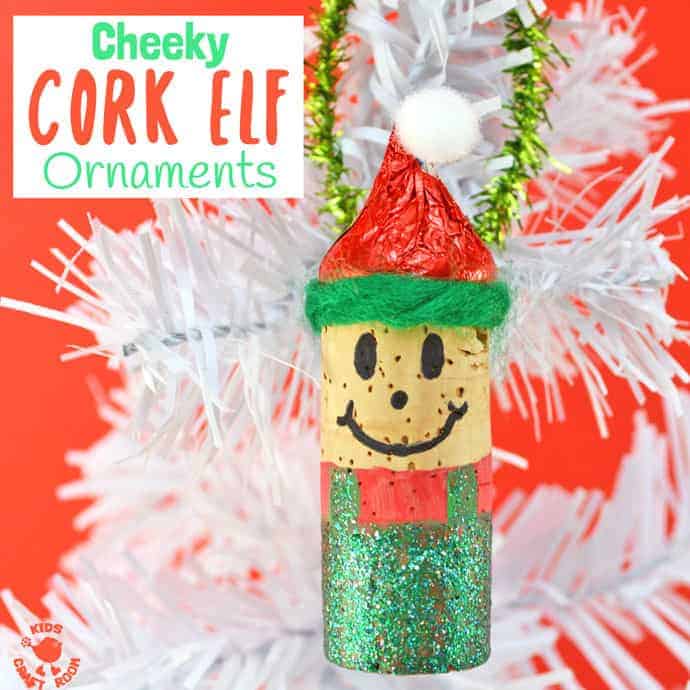 These CHEEKY CORK ELF ORNAMENTS are adorably cute and perfect for hanging on the Christmas tree or embellishing gifts with a hand made touch.  Their little red elf hats are edible too which makes them super fun for the kids! Such a fun and easy elf craft for Christmas time! #ornaments #christmas #christmascrafts #kidscrafts #christmasideas #christmasornaments #elf #elfcrafts #corkcrafts #cork #kidscraftideas #kidscraftroom