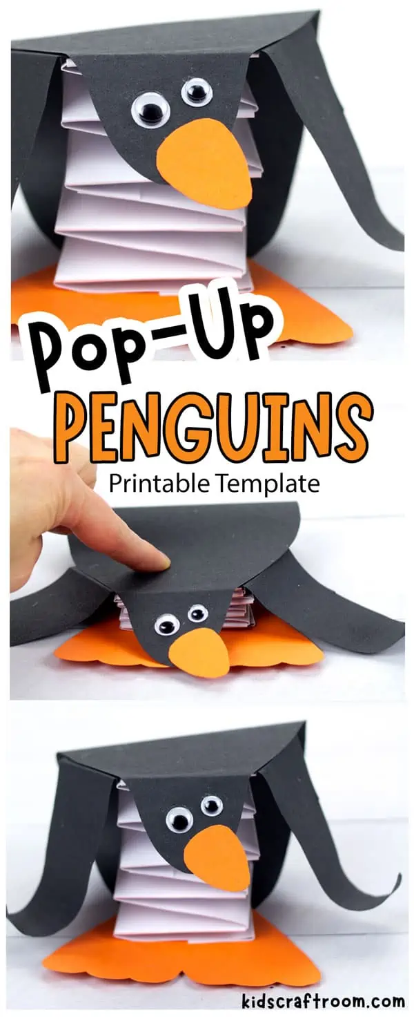 A collage of pop up penguin crafts showing how they can be pushed down and howe they spring back up.